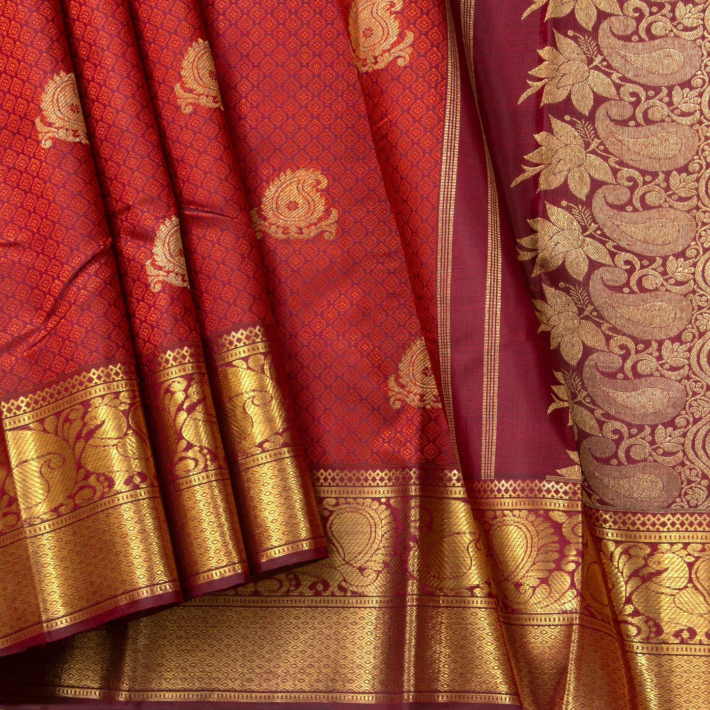 Maroon And Orange Kanchipuram Silk Saree With Jacquard Work For Bridal Wear PV NYC 1350