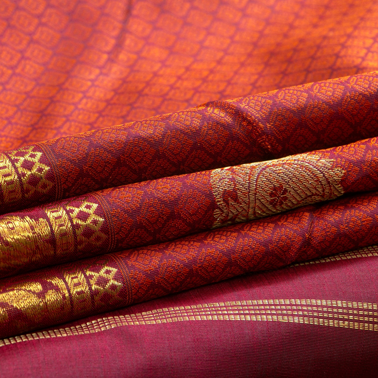 Maroon And Orange Kanchipuram Silk Saree With Jacquard Work For Bridal Wear PV NYC 1350