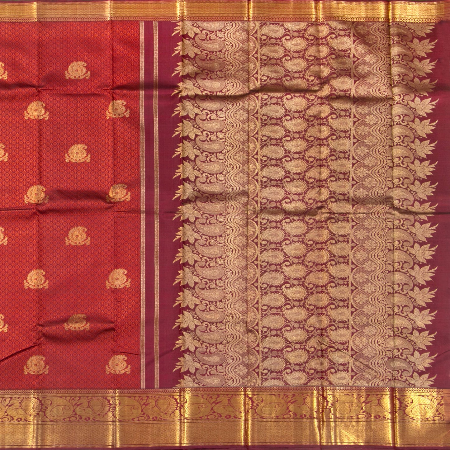 Maroon And Orange Kanchipuram Silk Saree With Jacquard Work For Bridal Wear PV NYC 1350