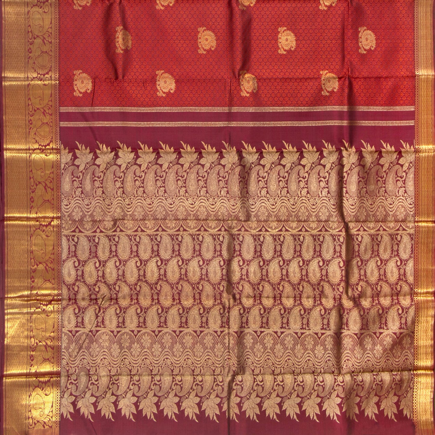 Maroon And Orange Kanchipuram Silk Saree With Jacquard Work For Bridal Wear PV NYC 1350