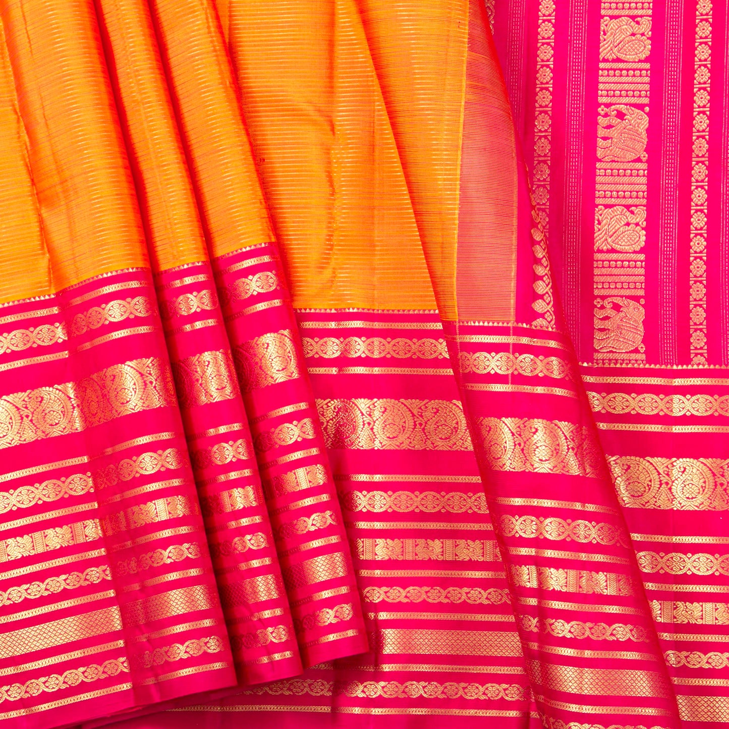 Yellow And Pink Kanchipuram Silk Saree Vairaoosi Stripes For Bridal Wear PV MEN 302