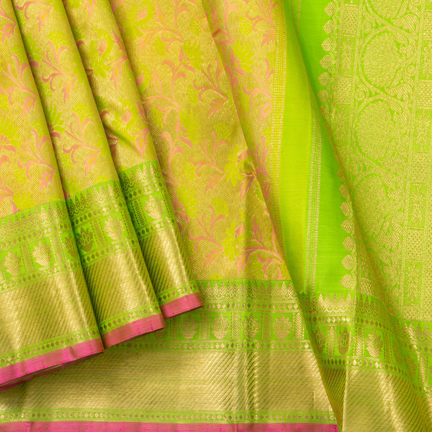 Light Green Kanchiupram Silk Saree With Pink Thread Work For Bridal Wear PPV NYC 1370