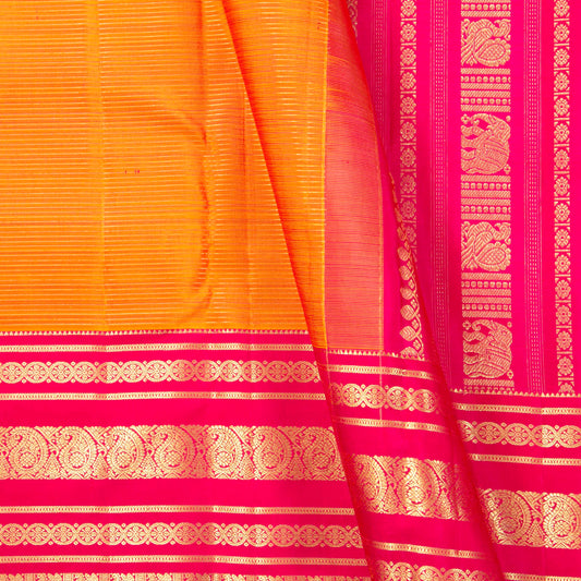 Yellow And Pink Kanchipuram Silk Saree Vairaoosi Stripes For Bridal Wear PV MEN 302