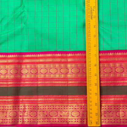 Turquoise Green And Pink Kanchipuram Silk Saree With Checks For Wedding Wear PV NYC 1418