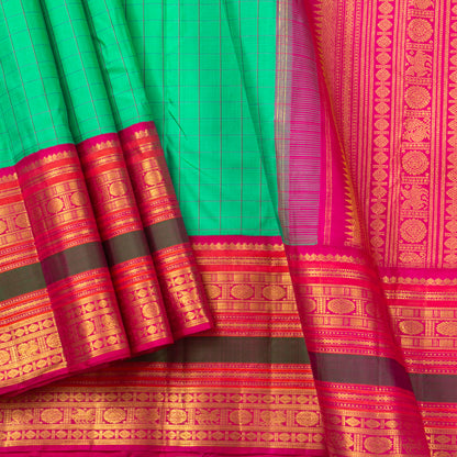 Turquoise Green And Pink Kanchipuram Silk Saree With Checks For Wedding Wear PV NYC 1418