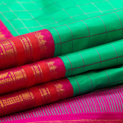 Turquoise Green And Pink Kanchipuram Silk Saree With Checks For Wedding Wear PV NYC 1418