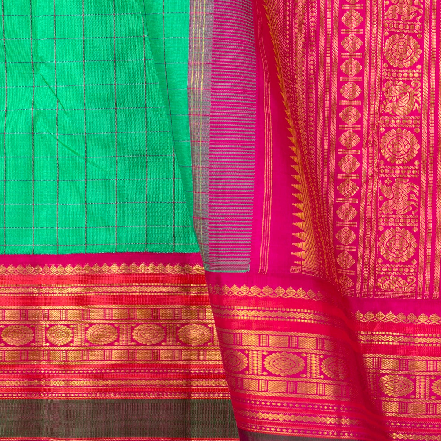 Turquoise Green And Pink Kanchipuram Silk Saree With Checks For Wedding Wear PV NYC 1418