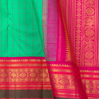 Turquoise Green And Pink Kanchipuram Silk Saree With Checks For Wedding Wear PV NYC 1418