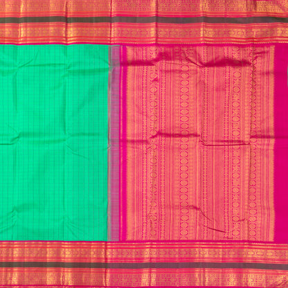 Turquoise Green And Pink Kanchipuram Silk Saree With Checks For Wedding Wear PV NYC 1418