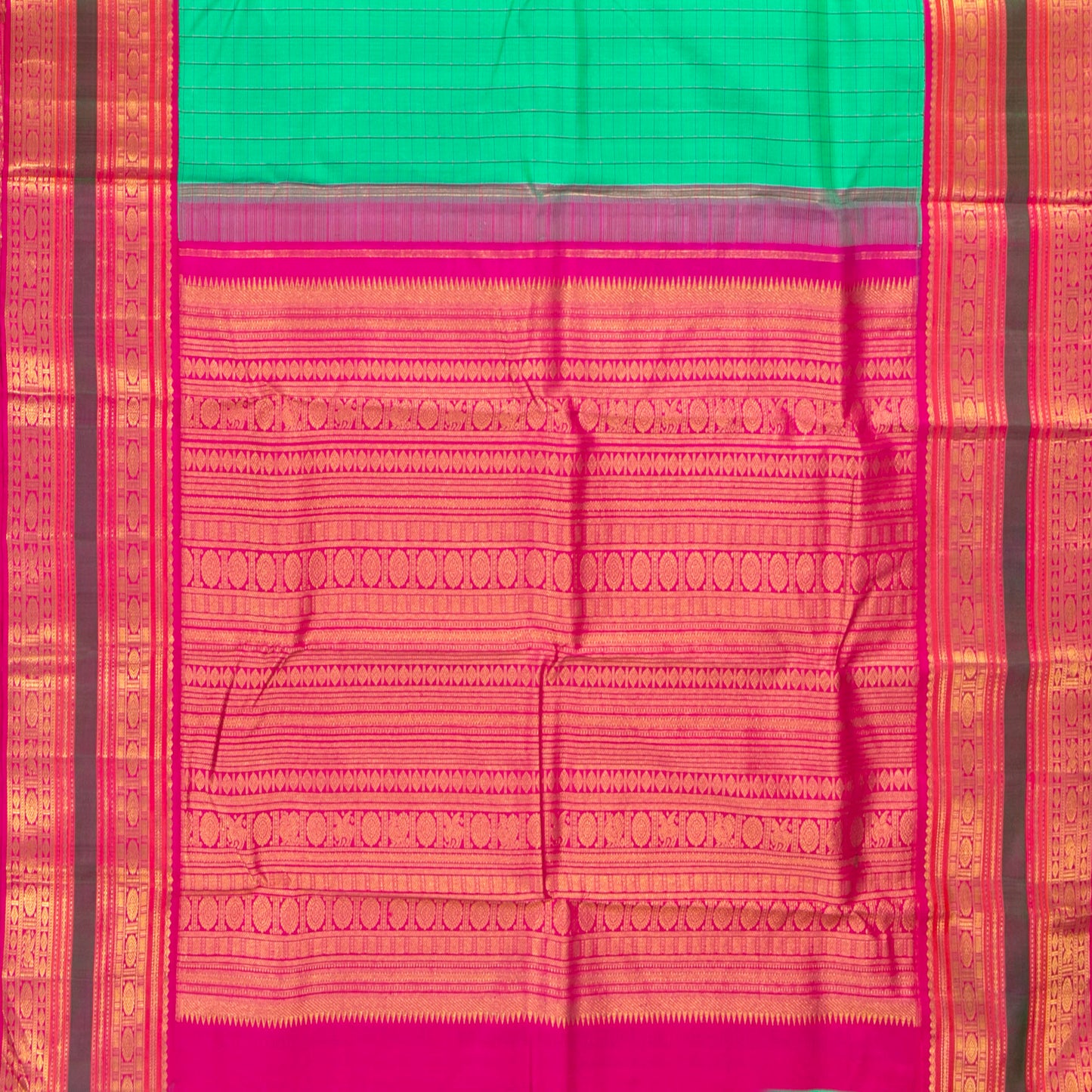 Turquoise Green And Pink Kanchipuram Silk Saree With Checks For Wedding Wear PV NYC 1418