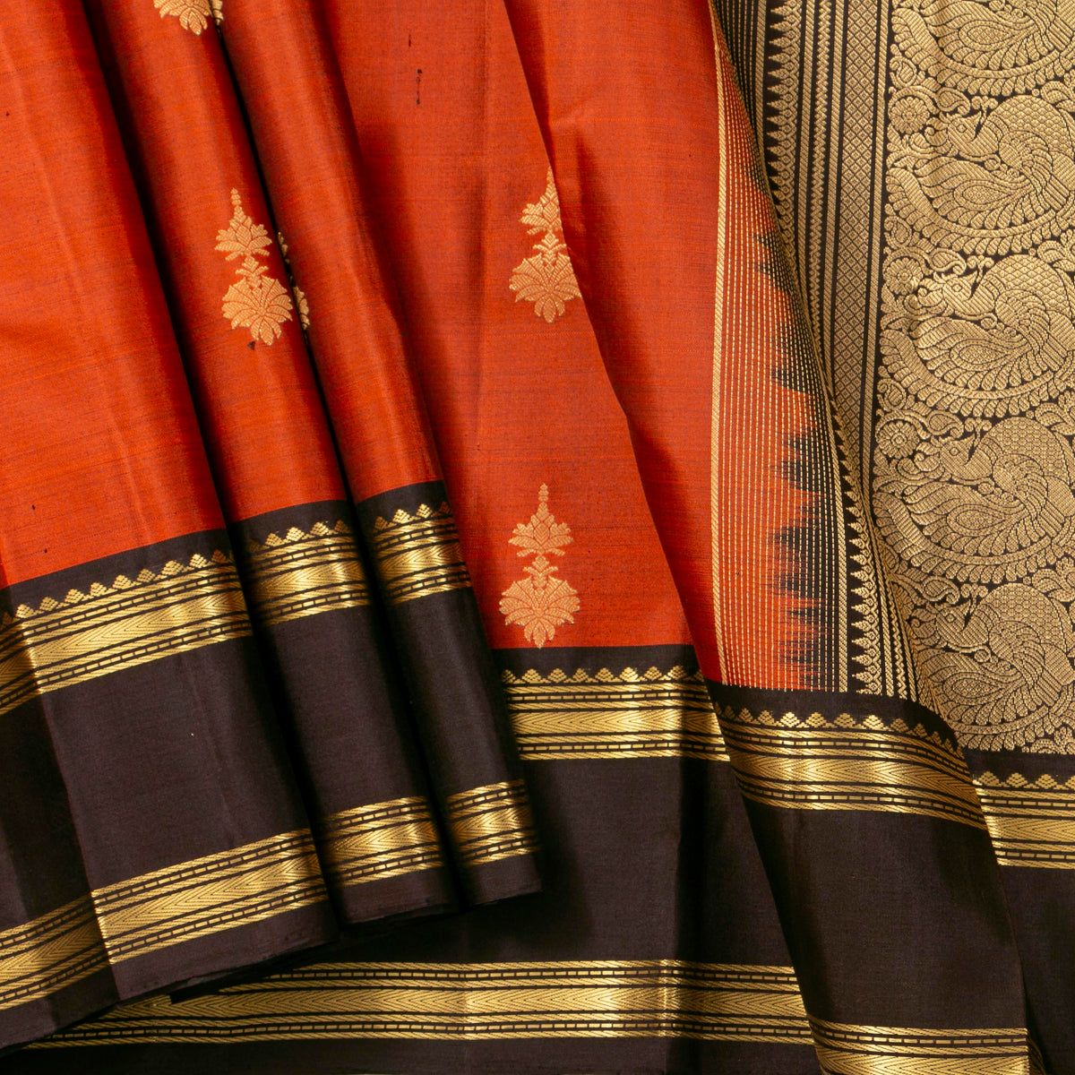 Rust Orange And Black Kanchipuram Silk Saree With Rettai Pet Border For Festive Wear PV MEN 278 - Silk Sari - Panjavarnam PV MEN 278