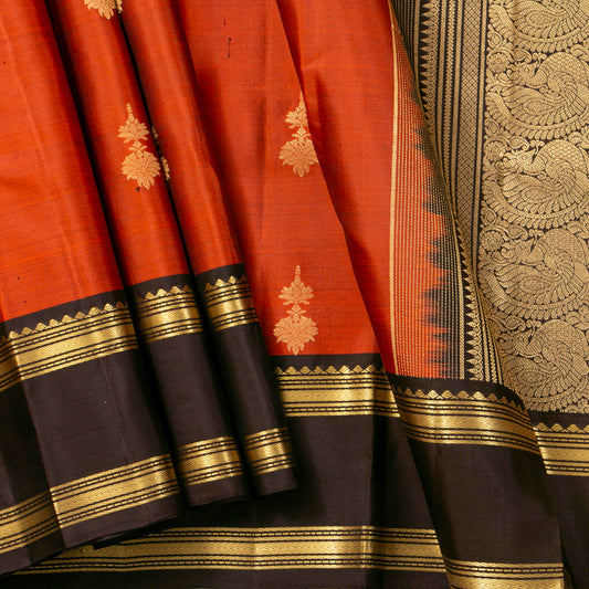 Rust Orange And Black Kanchipuram Silk Saree With Rettai Pet Border For Festive Wear PV MEN 278 - Silk Sari - Panjavarnam PV MEN 278