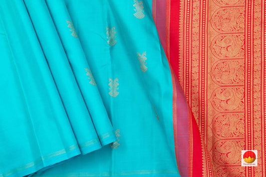 Ananda Blue Borderless Kanchipuram Silk Saree With Ganda Berunda Motifs Handwoven Pure Silk Pure Zari For Wedding Wear PV GTA 36 - Silk Sari - Panjavarnam