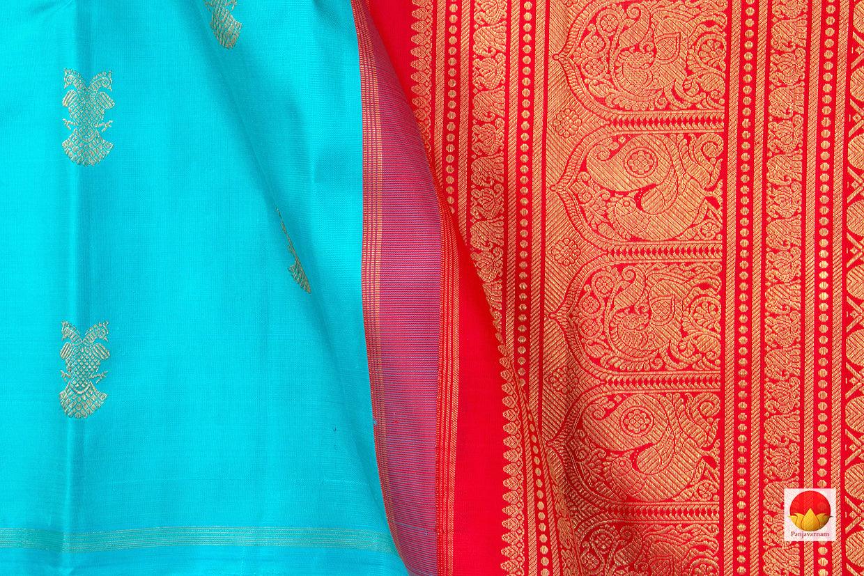 Ananda Blue Borderless Kanchipuram Silk Saree With Ganda Berunda Motifs Handwoven Pure Silk Pure Zari For Wedding Wear PV GTA 36 - Silk Sari - Panjavarnam PV GTA 36