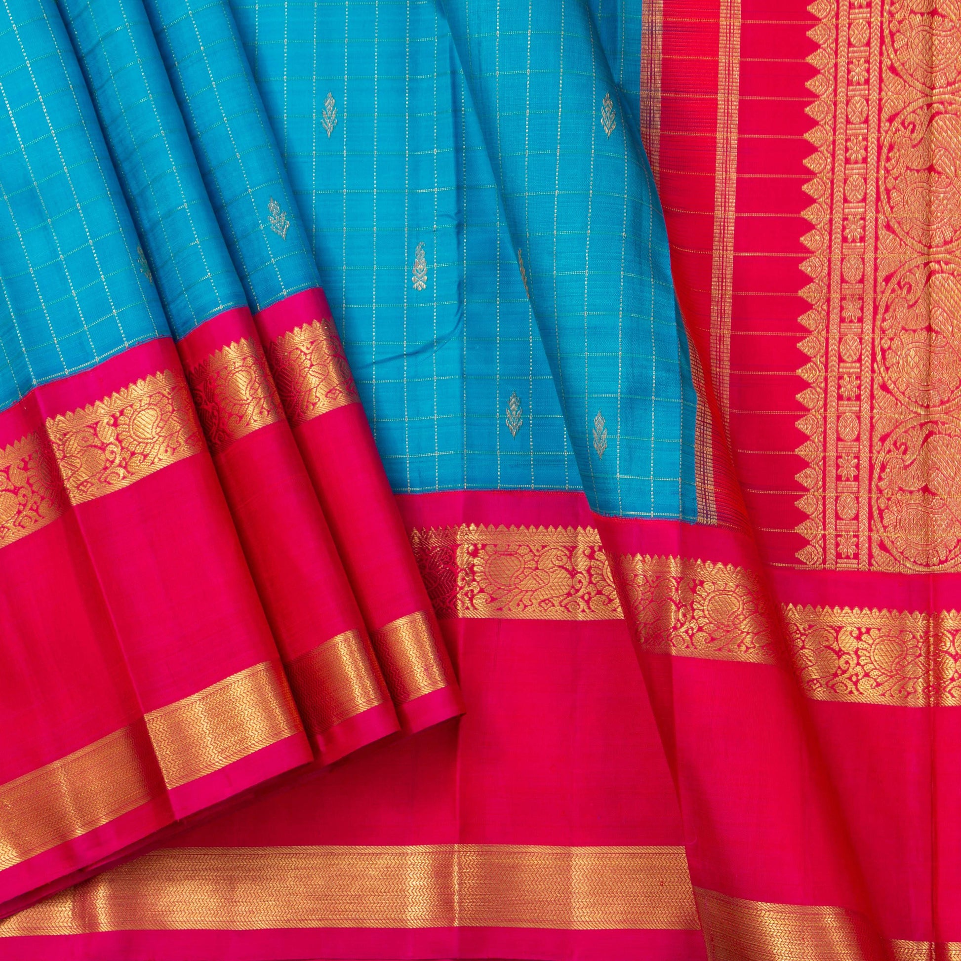 Anandha Blue And Pink Kanchipuram Silk Saree With Medium Border Handwoven Pure Silk For Wedding Wear PV NYC 1212 - Silk Sari - Panjavarnam PV NYC 1212