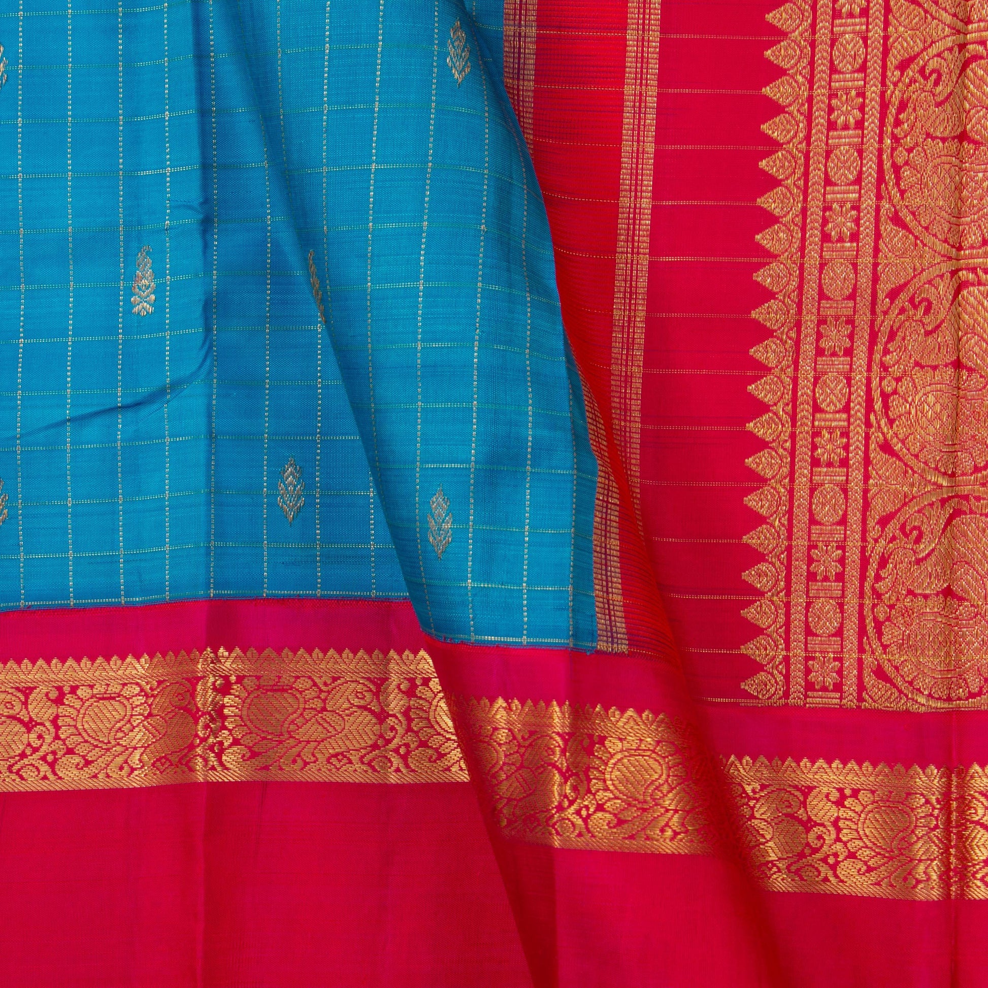 Anandha Blue And Pink Kanchipuram Silk Saree With Medium Border Handwoven Pure Silk For Wedding Wear PV NYC 1212 - Silk Sari - Panjavarnam PV NYC 1212