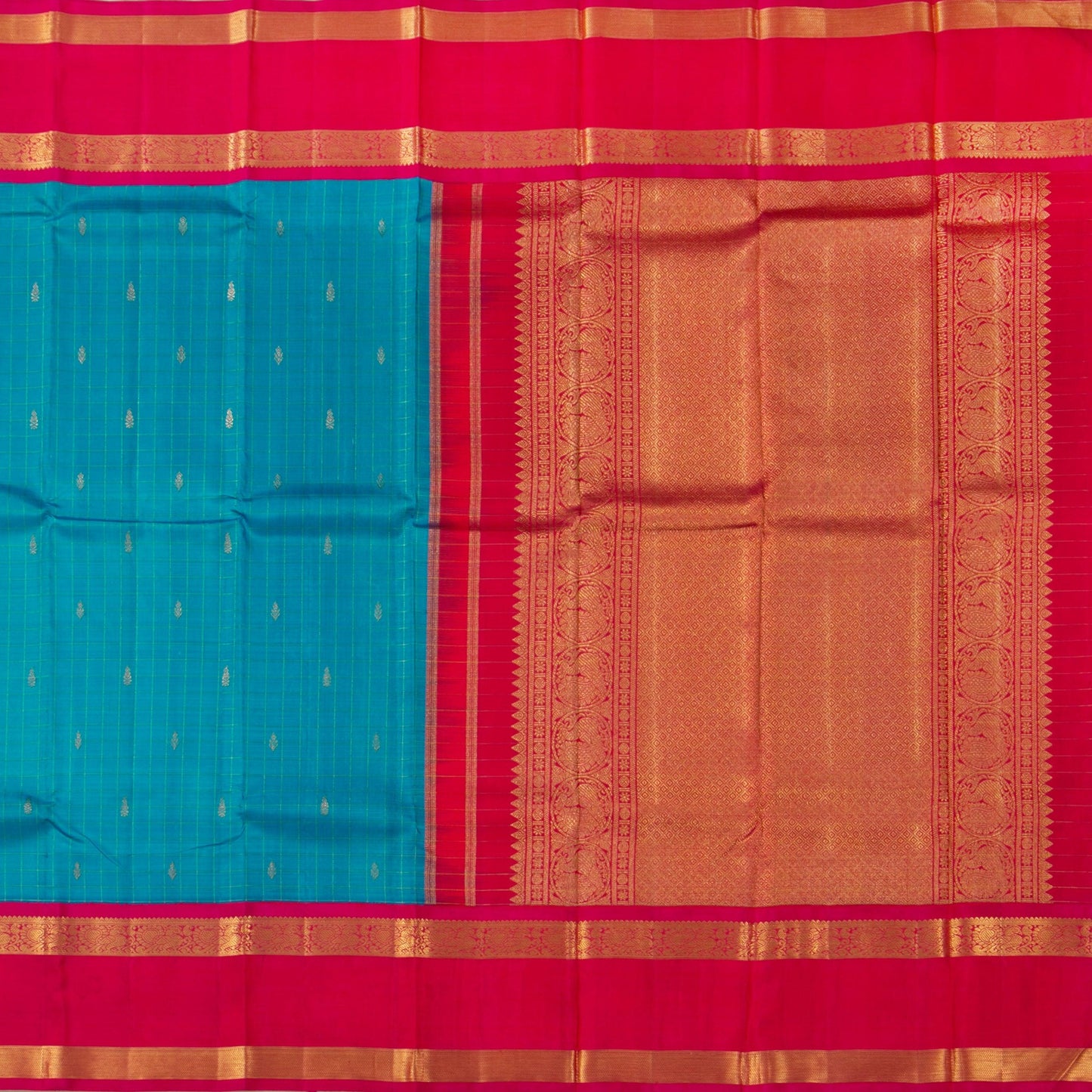 Anandha Blue And Pink Kanchipuram Silk Saree With Medium Border Handwoven Pure Silk For Wedding Wear PV NYC 1212 - Silk Sari - Panjavarnam PV NYC 1212