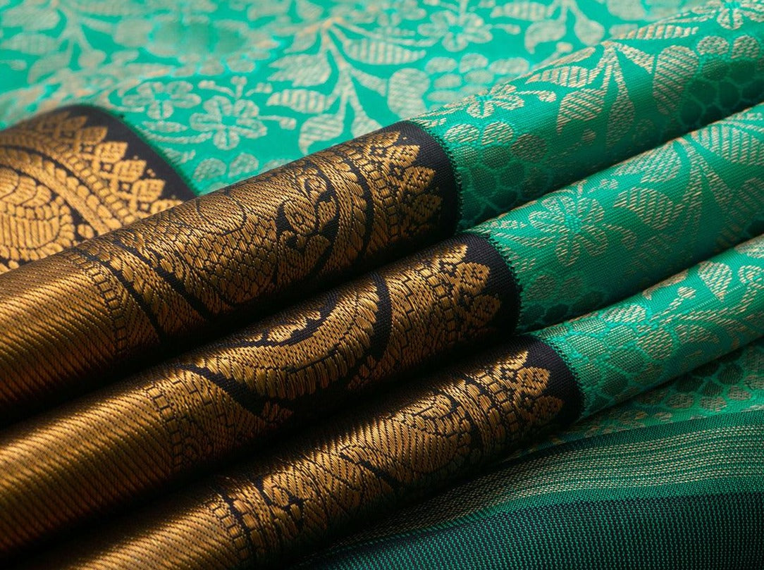 Aqua Green And Black Kanchipuram Silk Saree Handwoven Pure Silk Pure Zari For Wedding Wear PV NYC 739 - Silk Sari - Panjavarnam