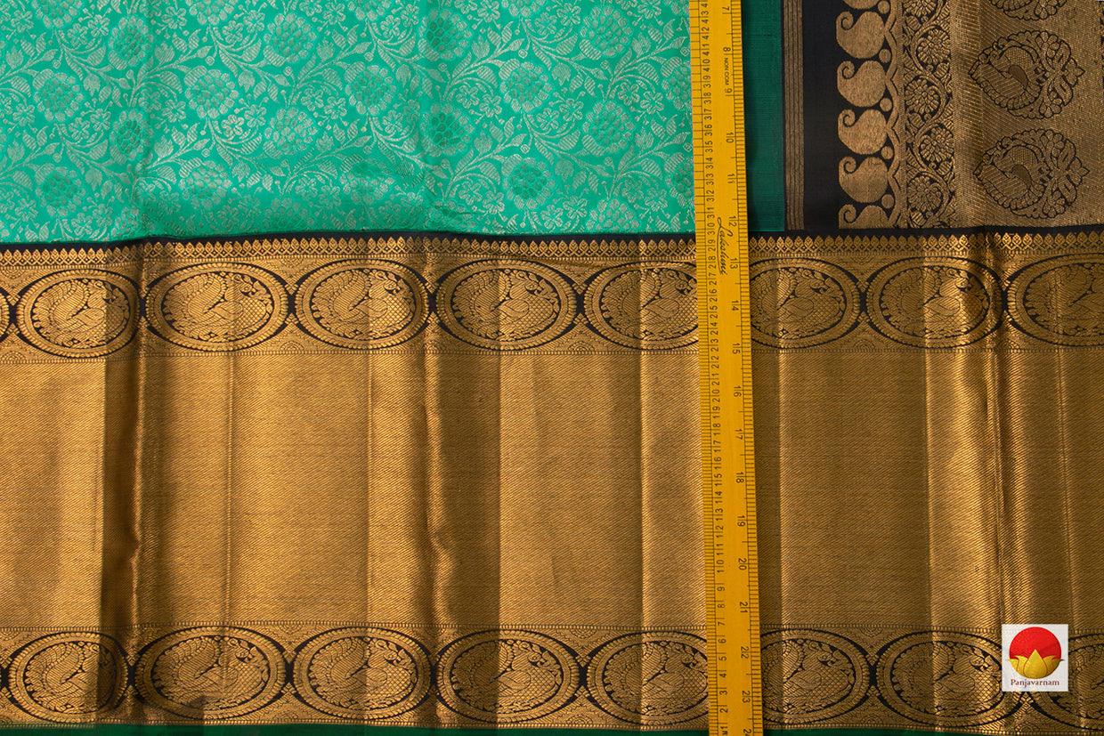 Aqua Green And Black Kanchipuram Silk Saree Handwoven Pure Silk Pure Zari For Wedding Wear PV NYC 739 - Silk Sari - Panjavarnam