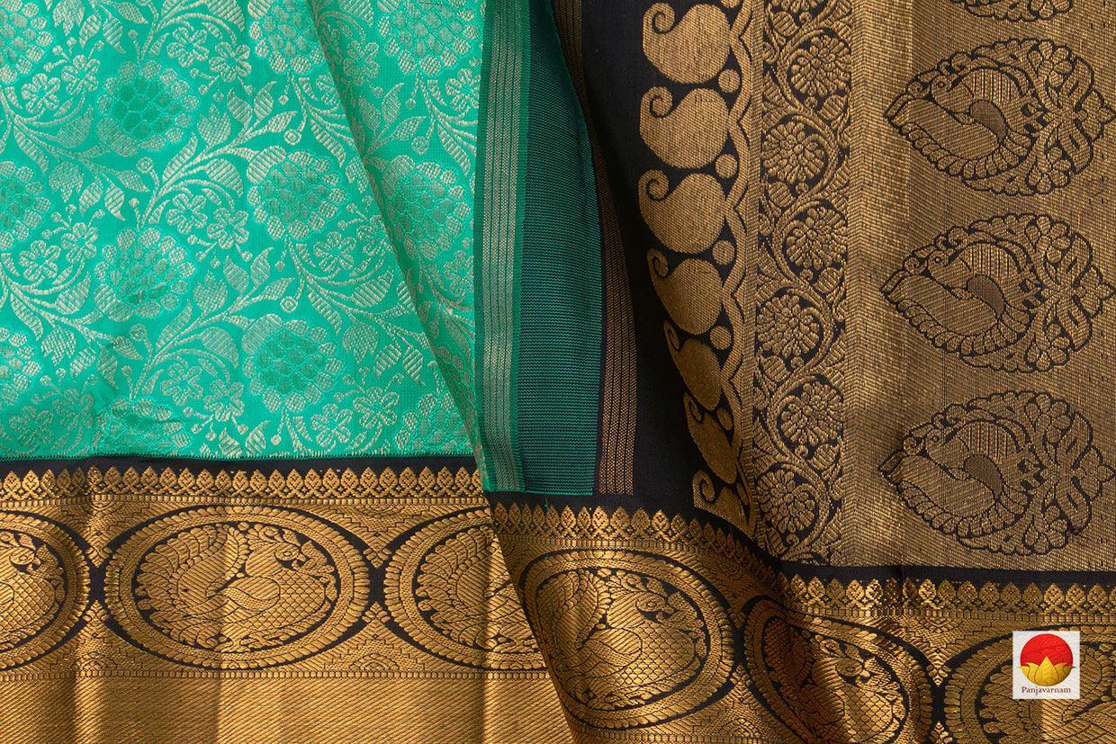 Aqua Green And Black Kanchipuram Silk Saree Handwoven Pure Silk Pure Zari For Wedding Wear PV NYC 739 - Silk Sari - Panjavarnam PV NYC 739