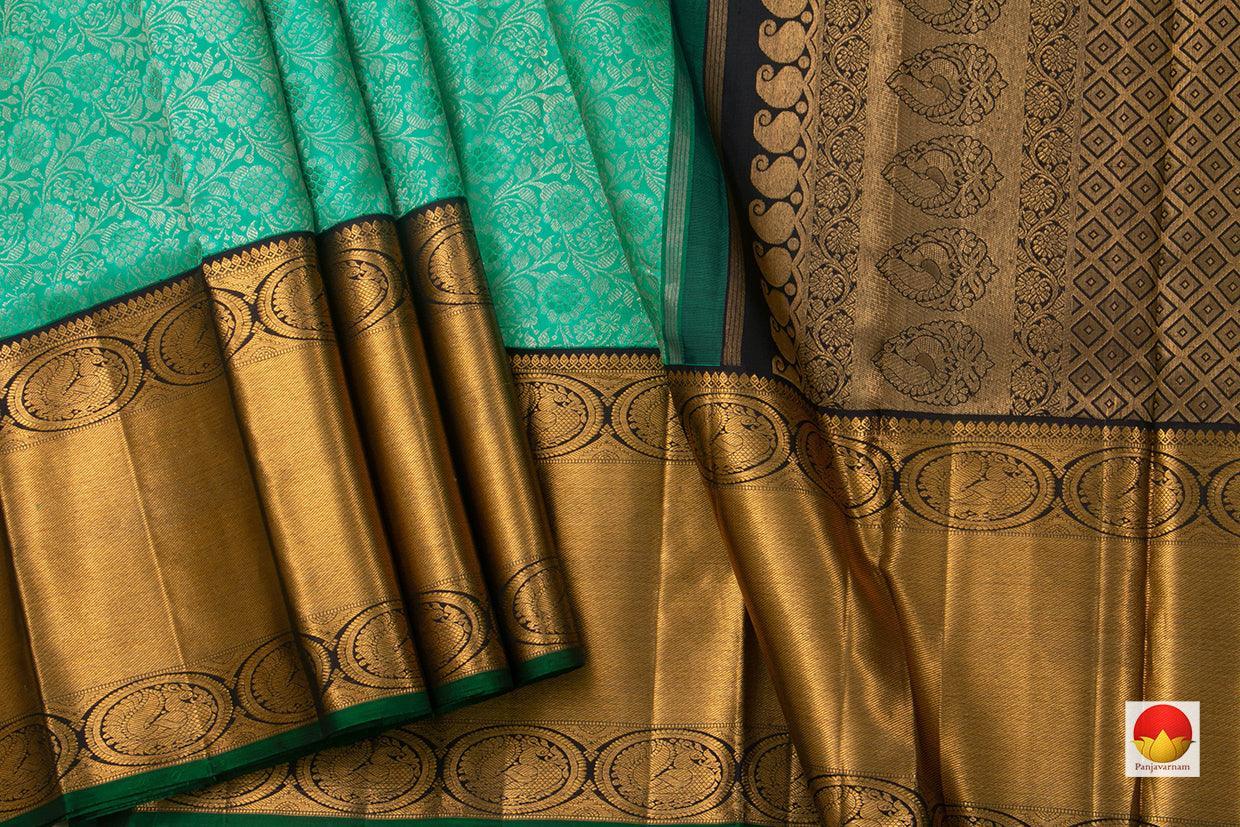 Aqua Green And Black Kanchipuram Silk Saree Handwoven Pure Silk Pure Zari For Wedding Wear PV NYC 739 - Silk Sari - Panjavarnam PV NYC 739