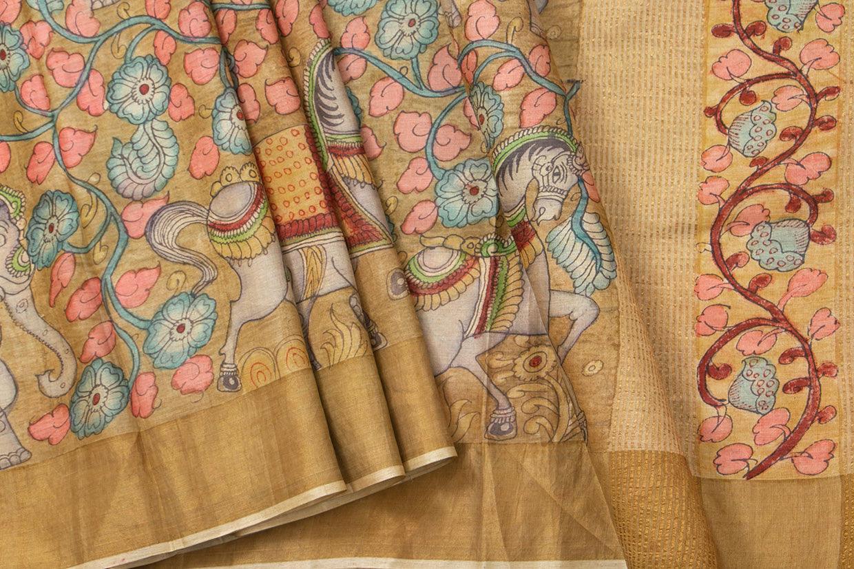 Beige and Blue Kalamkari Tussar Silk Saree Handpainted Floral And Horse Patterns Organic Vegetable Dyes PT K VSR 116 - Kalamkari Silk - Panjavarnam PT K VSR 116