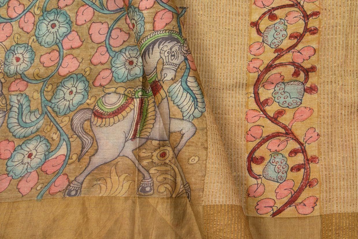 Beige and Blue Kalamkari Tussar Silk Saree Handpainted Floral And Horse Patterns Organic Vegetable Dyes PT K VSR 116 - Kalamkari Silk - Panjavarnam PT K VSR 116