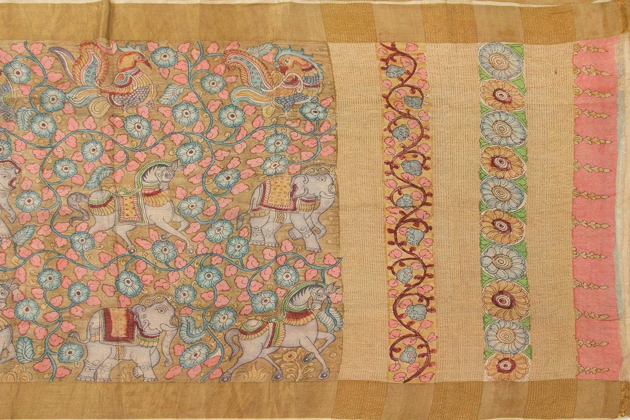 Beige and Blue Kalamkari Tussar Silk Saree Handpainted Floral And Horse Patterns Organic Vegetable Dyes PT K VSR 116 - Kalamkari Silk - Panjavarnam PT K VSR 116