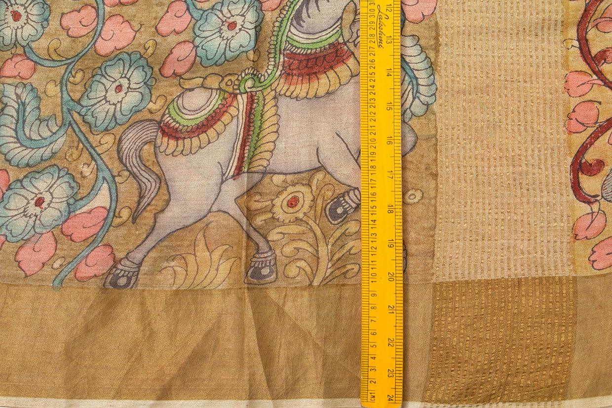 Beige and Blue Kalamkari Tussar Silk Saree Handpainted Floral And Horse Patterns Organic Vegetable Dyes PT K VSR 116 - Kalamkari Silk - Panjavarnam PT K VSR 116