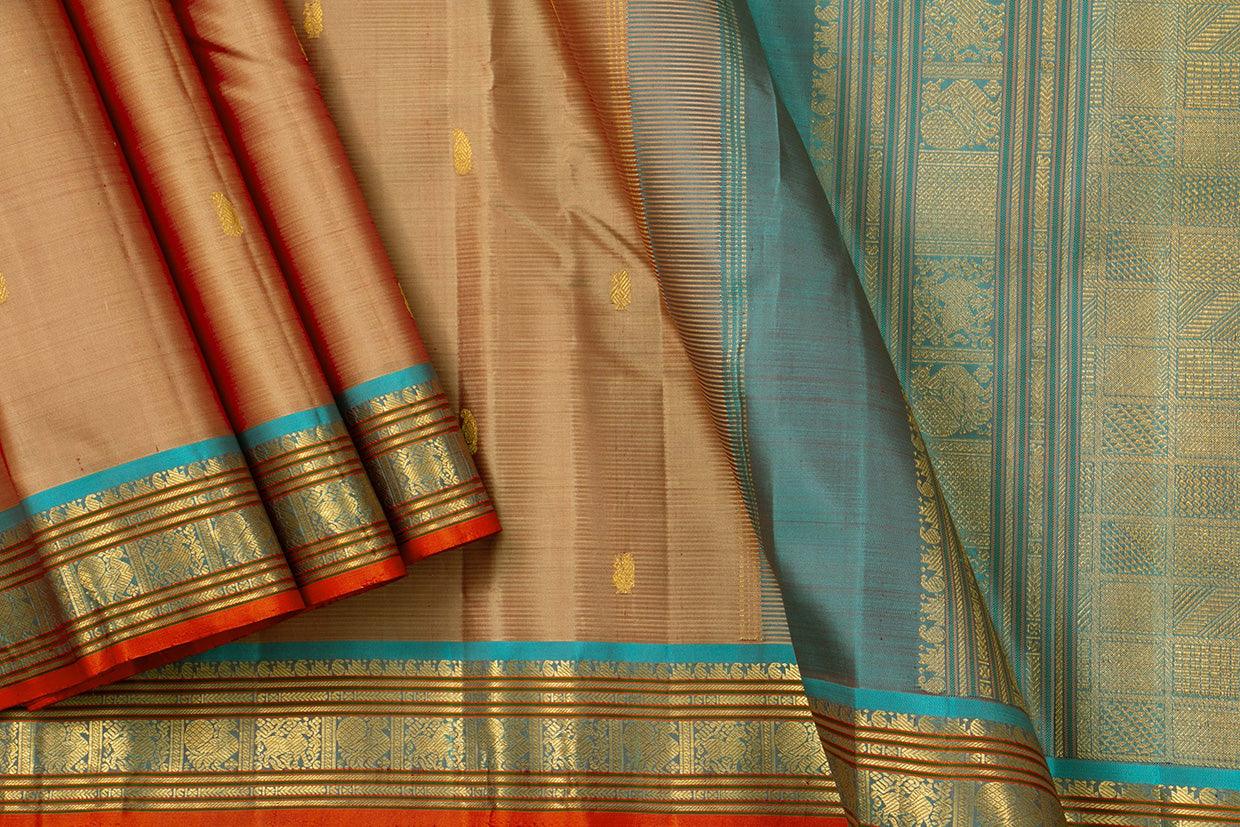 Beige And Blue Kanchipuram Silk Saree With Medium Border Handwoven Pure Silk For Festive Wear PV J 399 - Silk Sari - Panjavarnam PV J 399