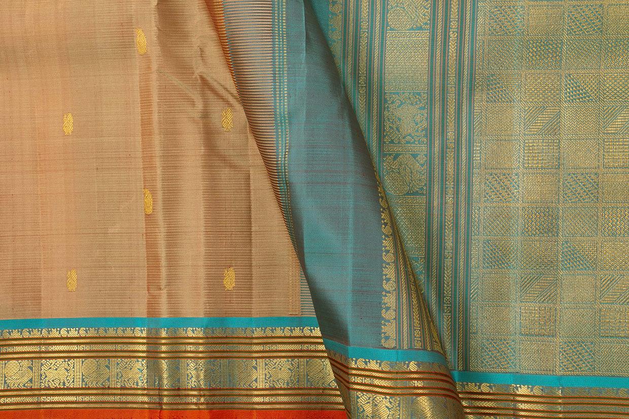 Beige And Blue Kanchipuram Silk Saree With Medium Border Handwoven Pure Silk For Festive Wear PV J 399 - Silk Sari - Panjavarnam PV J 399