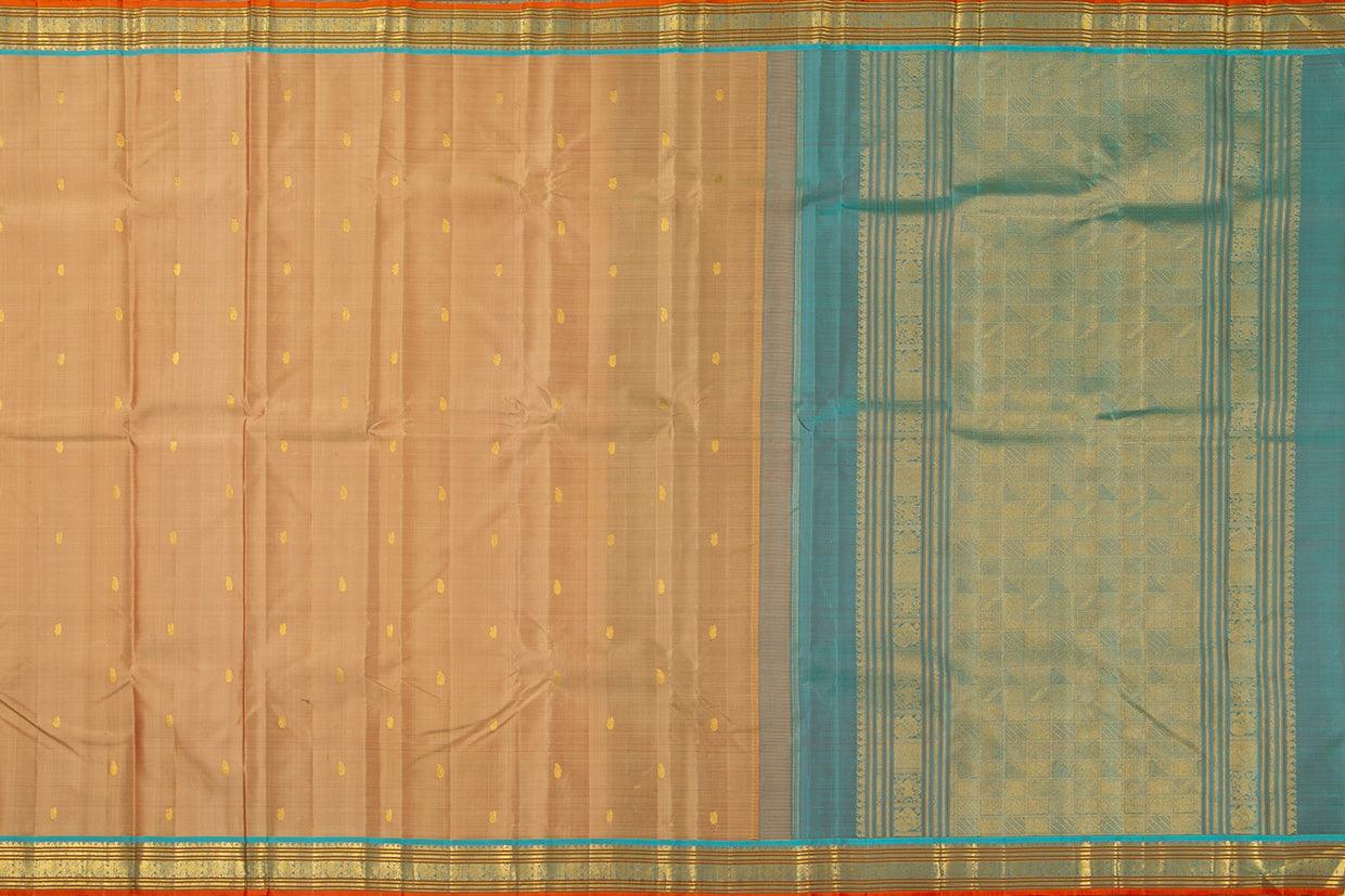 Beige And Blue Kanchipuram Silk Saree With Medium Border Handwoven Pure Silk For Festive Wear PV J 399 - Silk Sari - Panjavarnam PV J 399