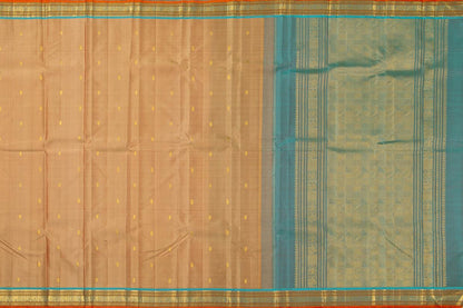 Beige And Blue Kanchipuram Silk Saree With Medium Border Handwoven Pure Silk For Festive Wear PV J 399 - Silk Sari - Panjavarnam PV J 399