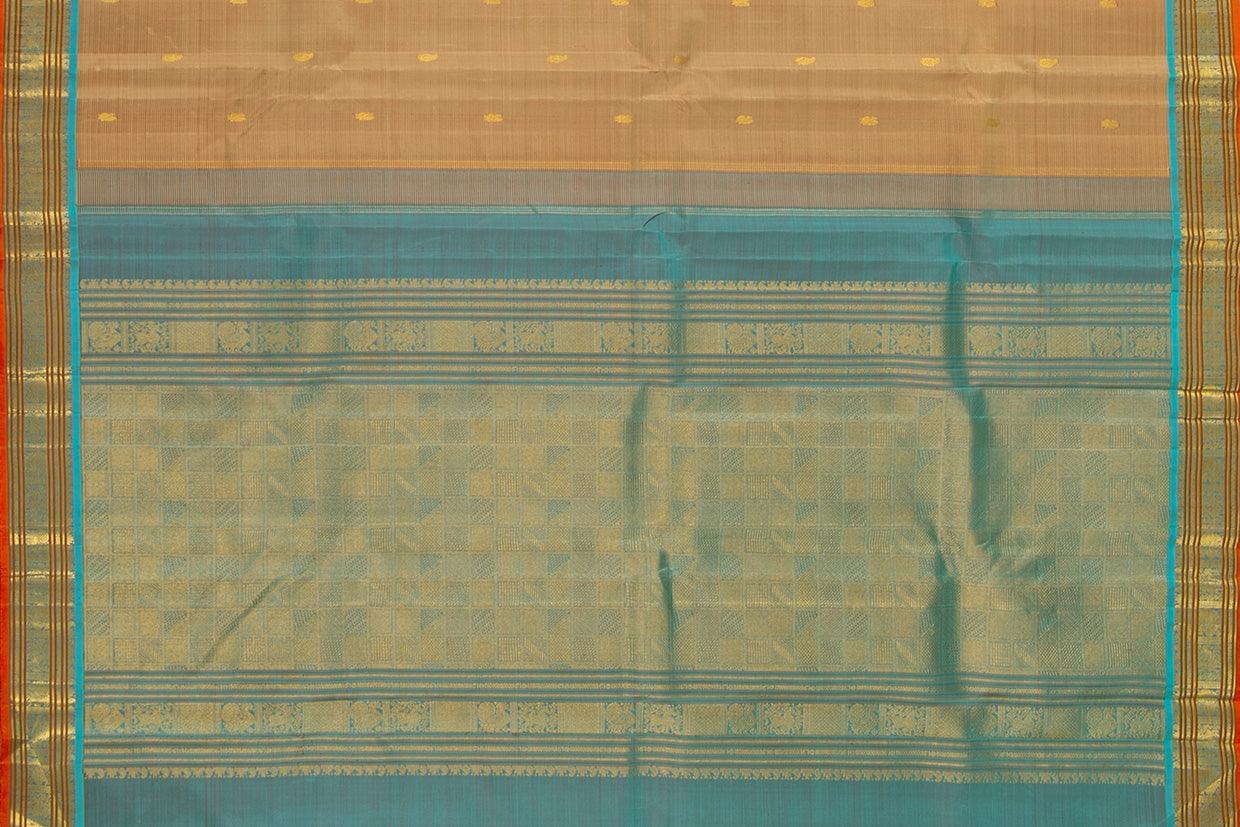 Beige And Blue Kanchipuram Silk Saree With Medium Border Handwoven Pure Silk For Festive Wear PV J 399 - Silk Sari - Panjavarnam PV J 399