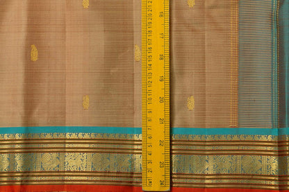 Beige And Blue Kanchipuram Silk Saree With Medium Border Handwoven Pure Silk For Festive Wear PV J 399 - Silk Sari - Panjavarnam PV J 399