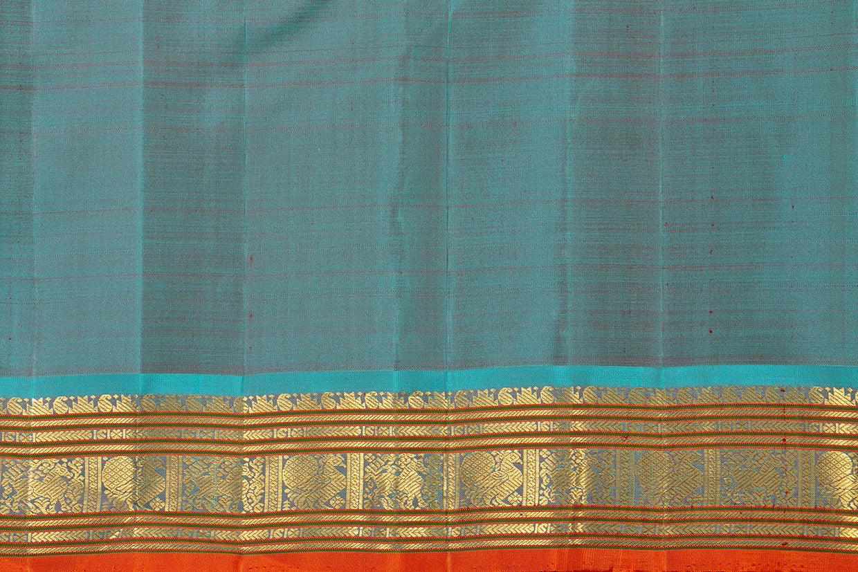 Beige And Blue Kanchipuram Silk Saree With Medium Border Handwoven Pure Silk For Festive Wear PV J 399 - Silk Sari - Panjavarnam PV J 399