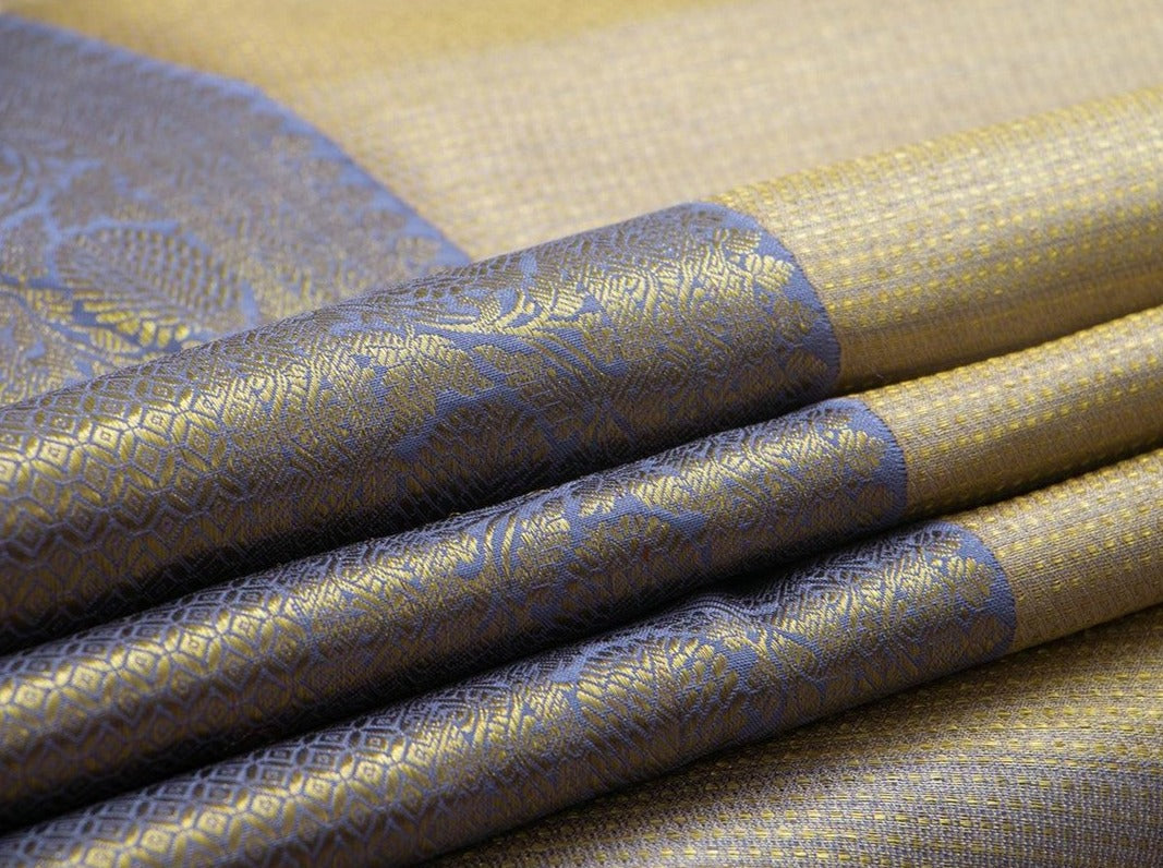 Beige And Gold Kanchipuram Silk Saree With Blue And Gold Border Handwoven Pure Silk Pure Zari For Bridal Wear PV NYC 948 - Silk Sari - Panjavarnam