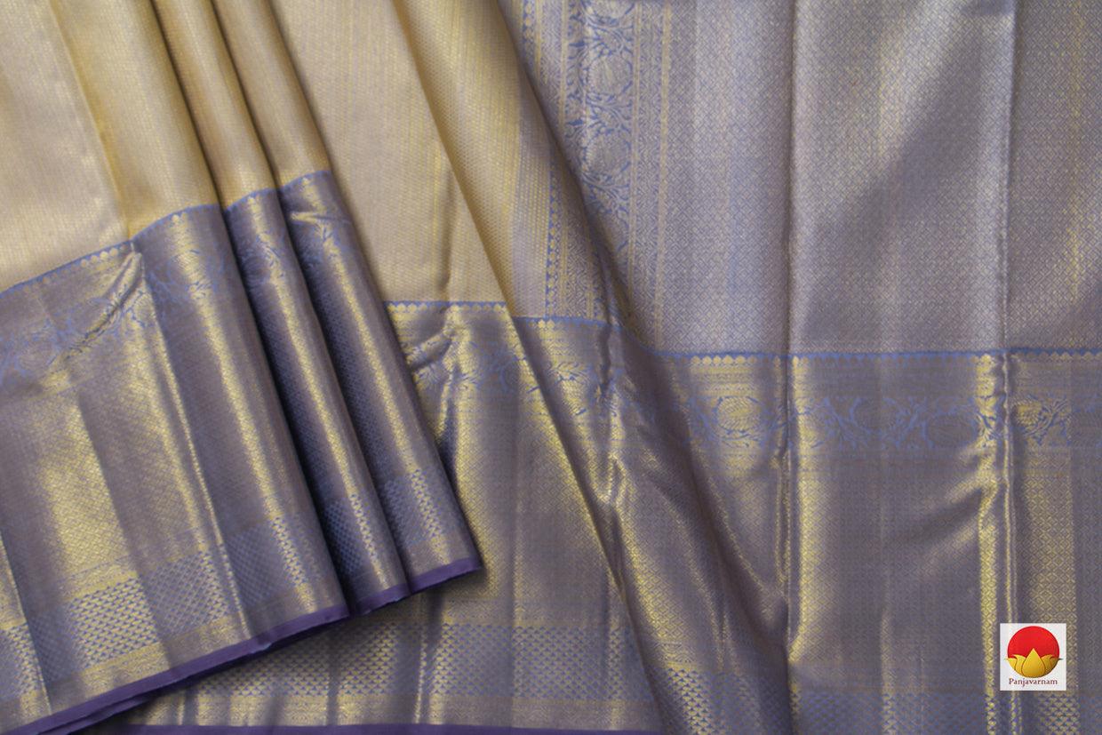 Beige And Gold Kanchipuram Silk Saree With Blue And Gold Border Handwoven Pure Silk Pure Zari For Bridal Wear PV NYC 948 - Silk Sari - Panjavarnam PV NYC 948