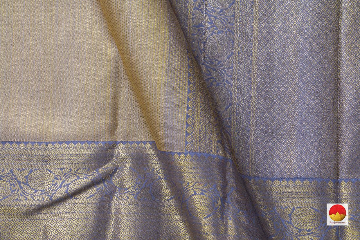 Beige And Gold Kanchipuram Silk Saree With Blue And Gold Border Handwoven Pure Silk Pure Zari For Bridal Wear PV NYC 948 - Silk Sari - Panjavarnam PV NYC 948