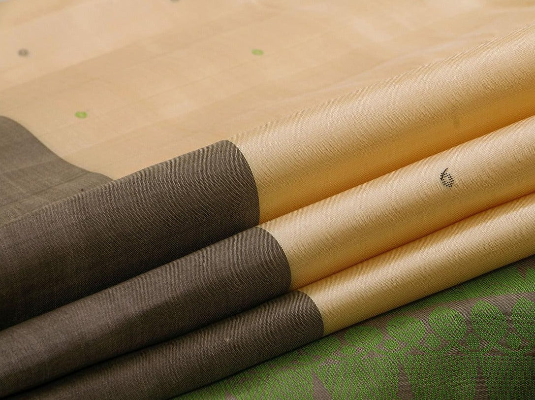 Beige And Green Kanchipuram Silk Saree Handwoven Pure Silk No Zari For Office Wear PV KNN 141 - Silk Sari - Panjavarnam