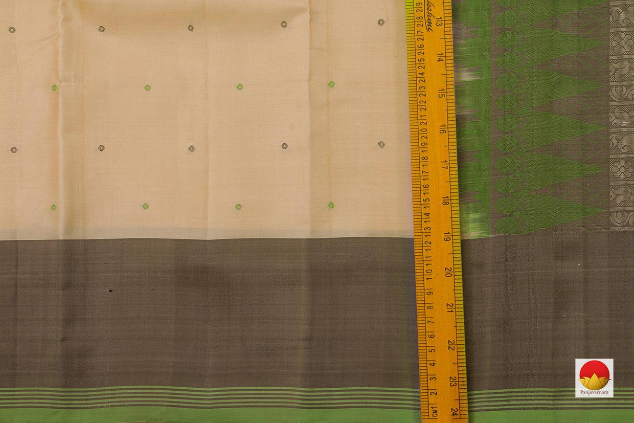 Beige And Green Kanchipuram Silk Saree Handwoven Pure Silk No Zari For Office Wear PV KNN 141 - Silk Sari - Panjavarnam