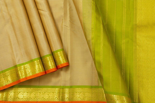 Beige And Green Kanchipuram Silk Saree With Short Border Handwoven Pure Silk For Festive Wear PV J 541 - Silk Sari - Panjavarnam