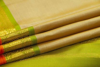 Beige And Green Kanchipuram Silk Saree With Short Border Handwoven Pure Silk For Festive Wear PV J 541 - Silk Sari - Panjavarnam