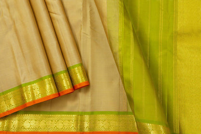 Beige And Green Kanchipuram Silk Saree With Short Border Handwoven Pure Silk For Festive Wear PV J 541 - Silk Sari - Panjavarnam PV J 541