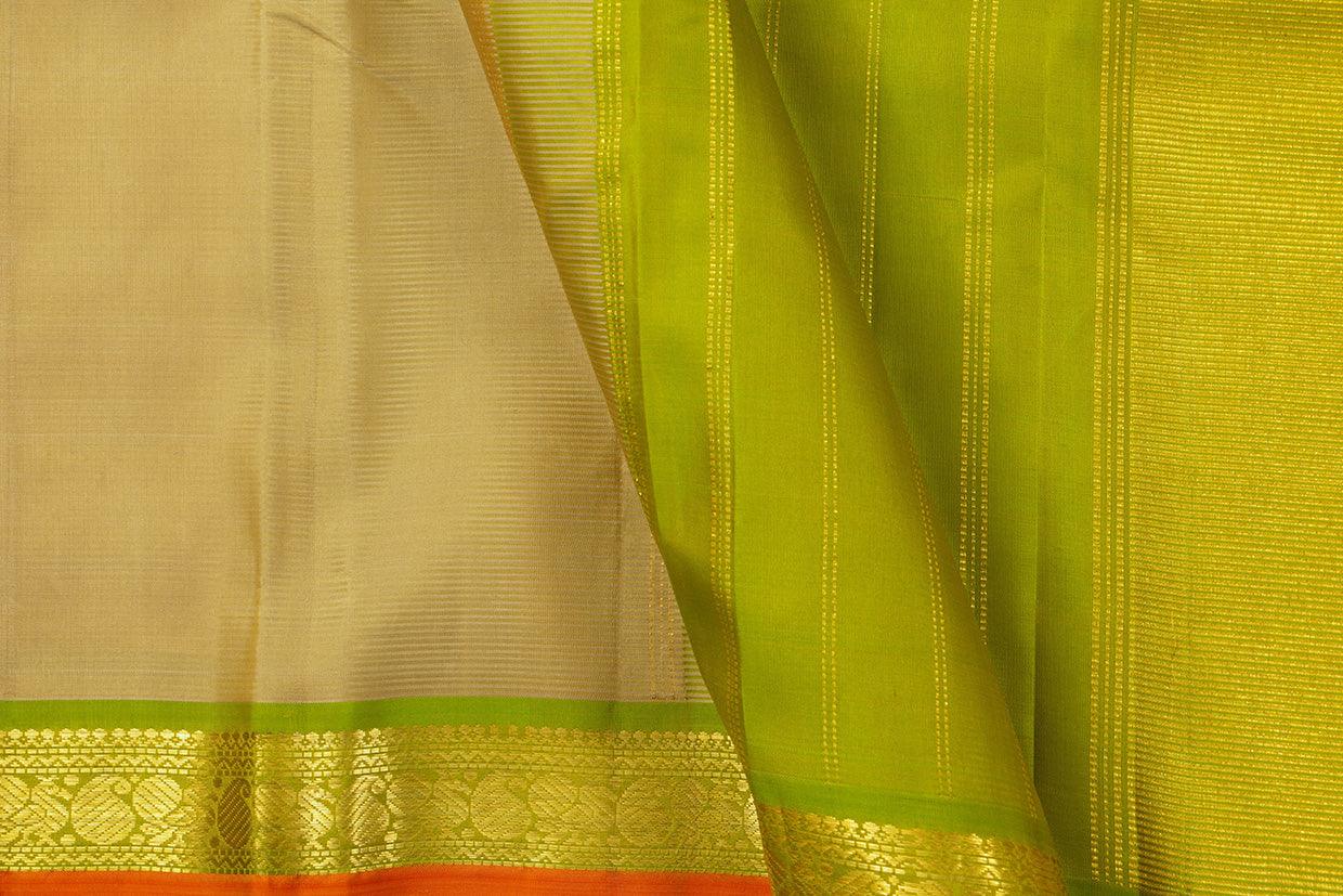 Beige And Green Kanchipuram Silk Saree With Short Border Handwoven Pure Silk For Festive Wear PV J 541 - Silk Sari - Panjavarnam PV J 541