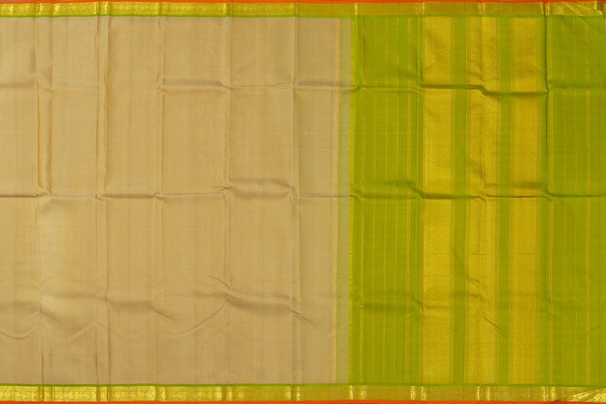 Beige And Green Kanchipuram Silk Saree With Short Border Handwoven Pure Silk For Festive Wear PV J 541 - Silk Sari - Panjavarnam PV J 541