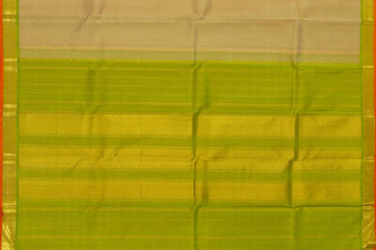 Beige And Green Kanchipuram Silk Saree With Short Border Handwoven Pure Silk For Festive Wear PV J 541 - Silk Sari - Panjavarnam PV J 541