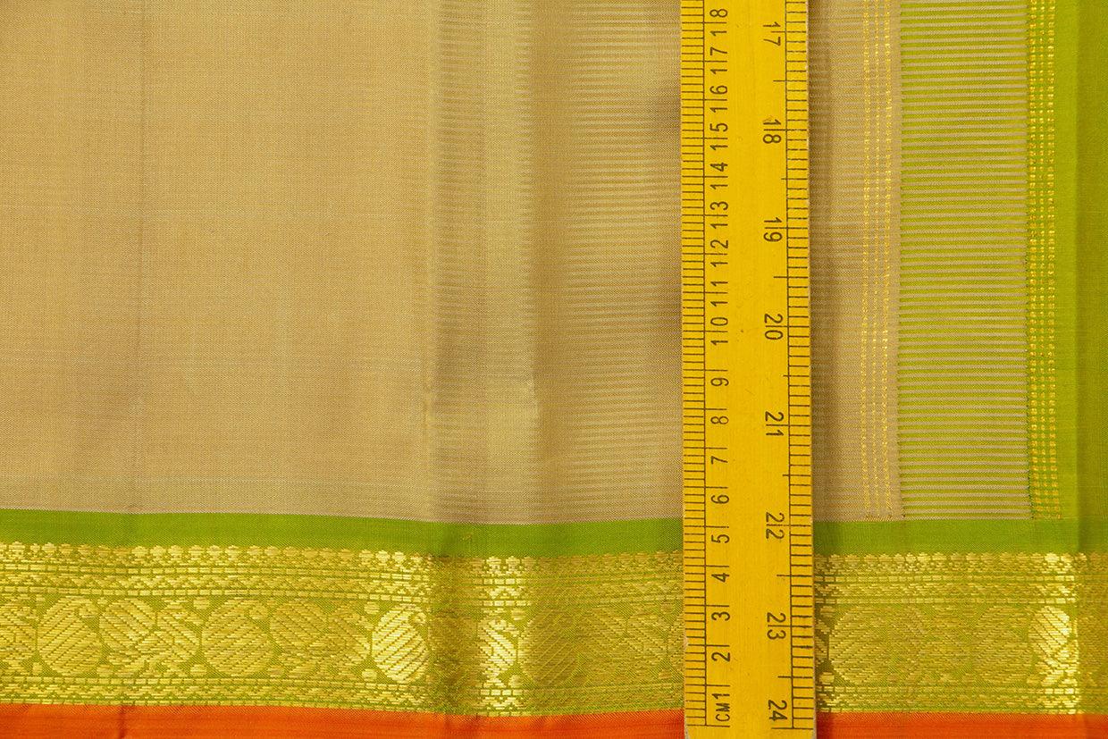 Beige And Green Kanchipuram Silk Saree With Short Border Handwoven Pure Silk For Festive Wear PV J 541 - Silk Sari - Panjavarnam PV J 541