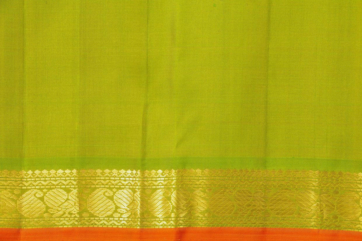 Beige And Green Kanchipuram Silk Saree With Short Border Handwoven Pure Silk For Festive Wear PV J 541 - Silk Sari - Panjavarnam PV J 541