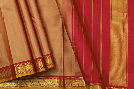 Beige And Maroon Kanchipuram Silk Saree With Short Border Handwoven Pure Silk For Festive Wear PV J 455 - Silk Sari - Panjavarnam